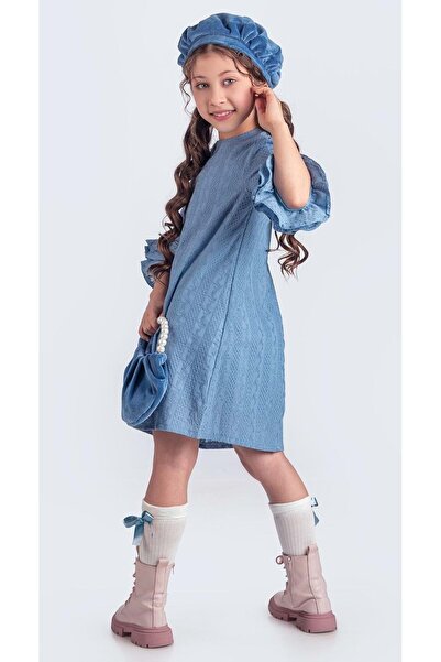 Mnk Baby&Kids Set de beretă franceză, geantă, șosete și rochie pentru fetiță Miss Clarice M00704 ALBASTRU