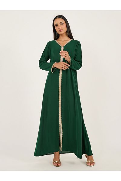 Styli Embroidered Lace Trim V Neck Kaftan