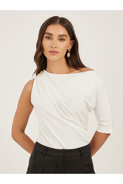 Styli Ruched Asymmetric Neckline Fitted Top