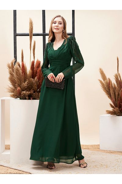 Mish By Styli Beaded Yoke A-Line Maxi Dress