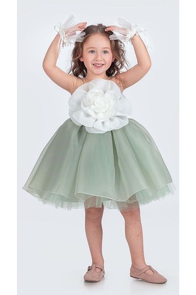 Mnk Baby&Kids Light Green Floral Print Girls' Evening Dress - Karolin M00724 with Ankle and Accessories