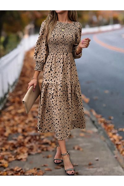 Diva By Styli Allover Print Smocking Detail Long Sleeve Midi Dress