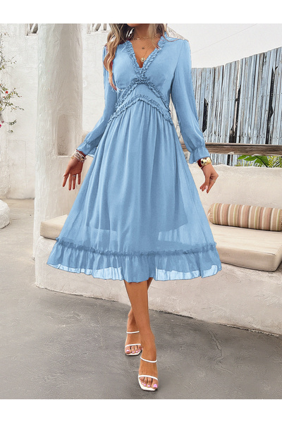 Take Two By Styli Flounce Detail Solid V Neck Midi Dress