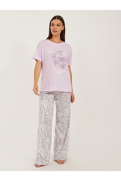 Styli Palm Graphic Print Dropped Shoulder T-Shirt and Pyjama Pants Set