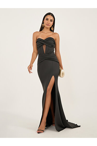 Styli Plain Strapless Corset Mermaid Maxi Dress with High Slit