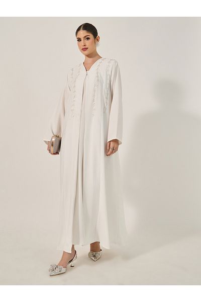 Styli Embellished Flared Abaya with Inner Dress and Hijab