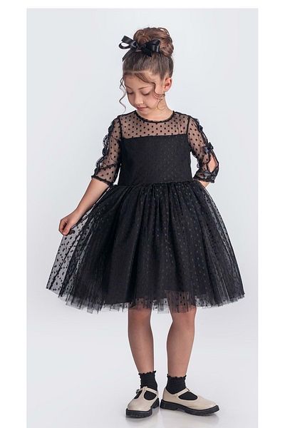 Mnk Baby&Kids Rochie neagra pentru fete - dantela cu buline, maneca lunga, printesa M00707