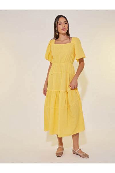 Take Two By Styli Solid Square Collar Tiered Midi Dress