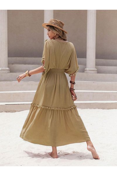 Russty Dustty By Styli Smocked Waist V-Neck Maxi Dress with Tassels Detail