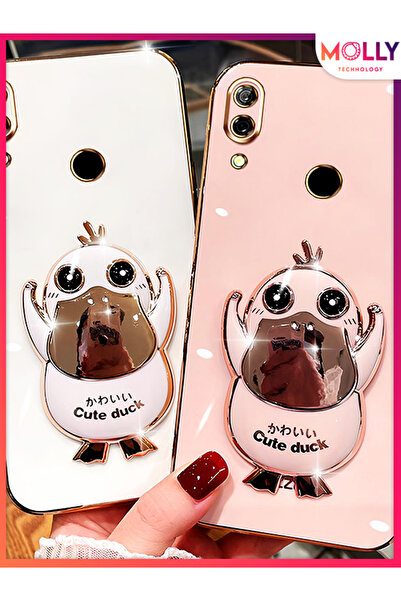 Molly Huawei Y6 2019 Için Rose Sevimli Ördek Standlı Kenarları Gold Detaylı Lüks Silikon Kılıf