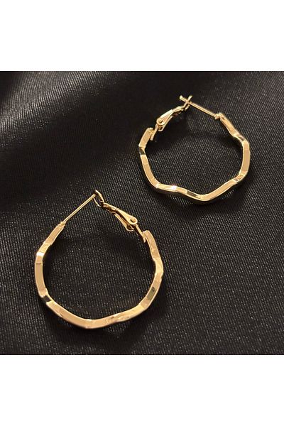 Zeyn Zigzag Model Gold Steel Hoop Earrings-30 mm