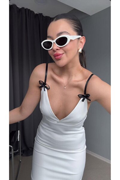 MODAGK Kurdele Askı Detaylı Astarlı Beyaz Elbise