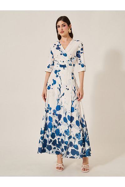 Styli Floral Print Wrap Look A-Line Maxi Dress