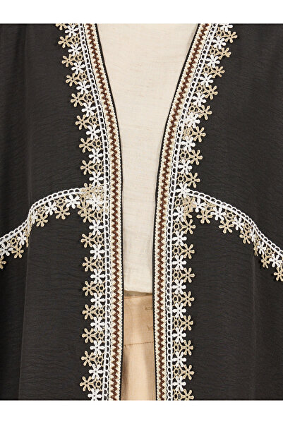 Styli Lace Trim Collarless Open Front Abaya