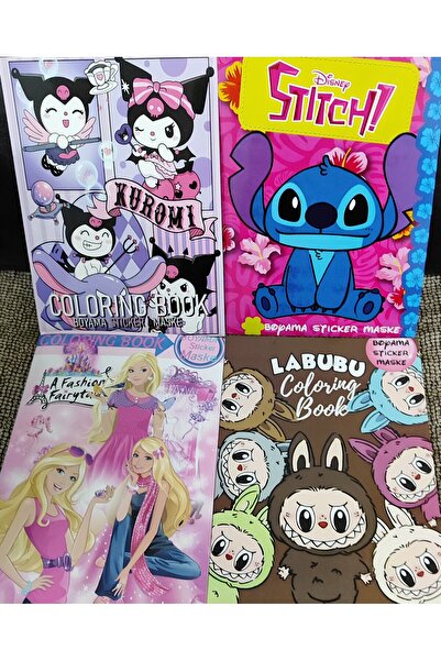 bundle island 4 Adet Stickerli Boyama Kitabı (stitch/barbie/toca boca/y.kuromi figürlü)