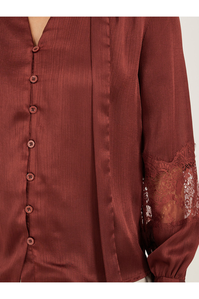 Styli Lace Insert Tie-Up Neck Buttoned Blouse