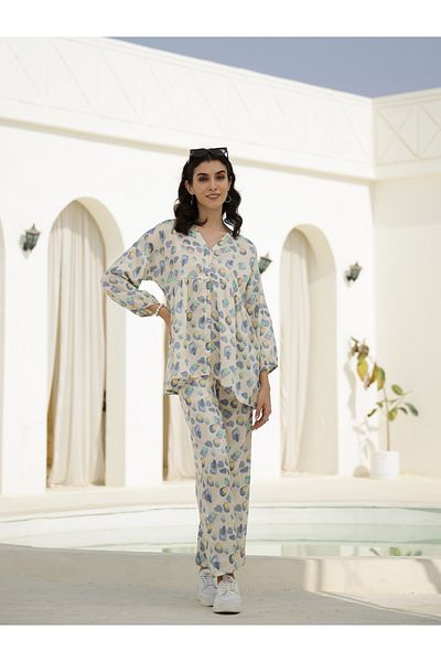 Sanskrutihomes By Styli All Over Printed V Neck Satin Top and Pyjama Set