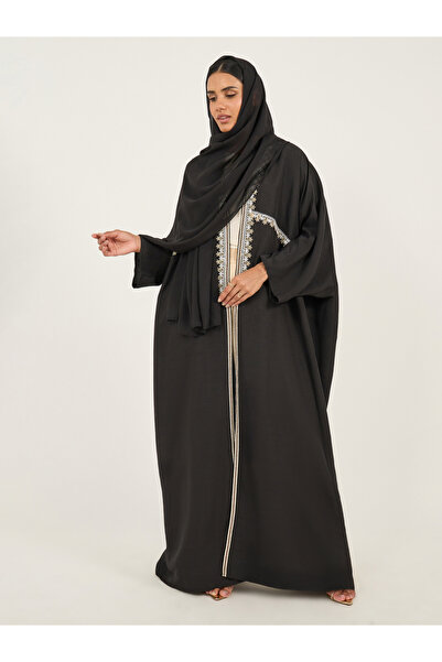Styli Lace Trim Collarless Open Front Abaya