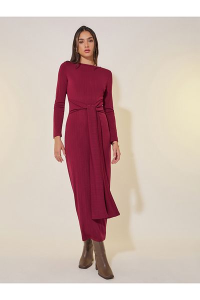Styli Solid Tie-Up Waist Detail Long Sleeve Maxi Dress