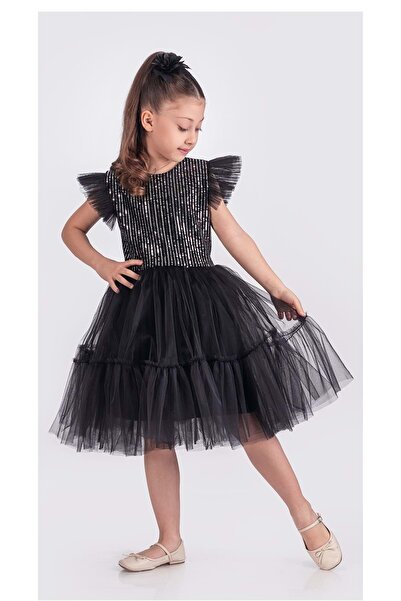 Mnk Baby&Kids Pul Payet Katkat Tütü Etekli Kız Çocuk Elbise M00722 SİYAH - GRİ
