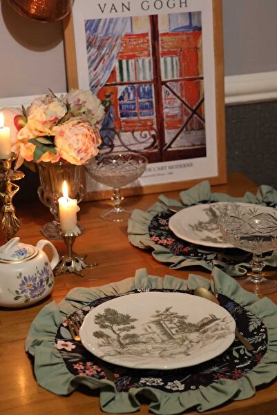 vintagetasarım Amerikan Servis Supla 4 Adet Fırfırlı Çiçekli Vintage Duck Keten