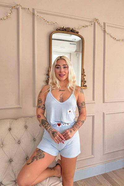 Pijamaevi Blue Fleur Douce Patterned Knitted Rope Strap Shorts Women's Pajama Set