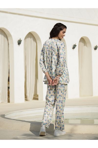 Sanskrutihomes By Styli All Over Printed V Neck Satin Top and Pyjama Set