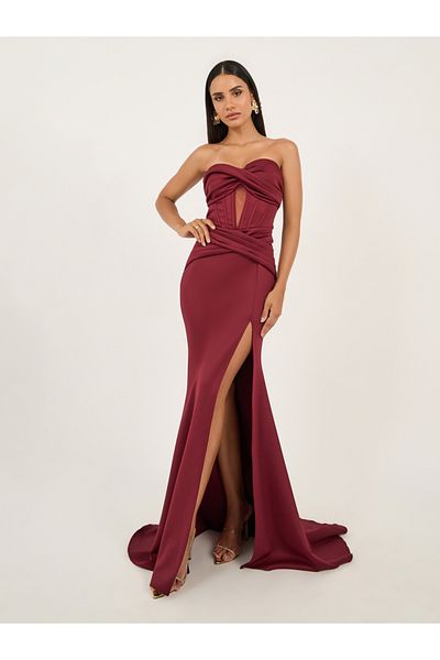 Styli Plain Strapless Corset Mermaid Maxi Dress with High Slit