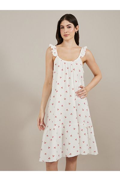 Styli Cherry Print Ruffled Trim Cotton Slip Dress