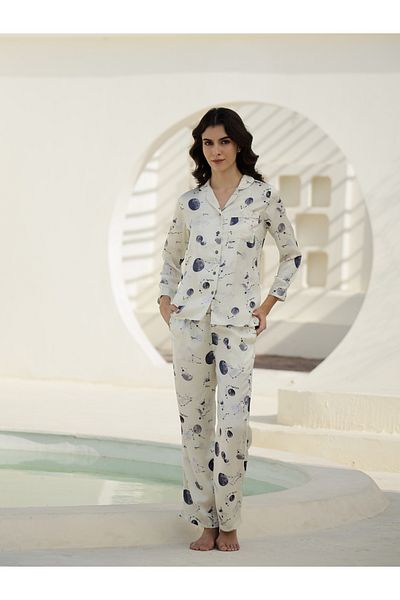 Sanskrutihomes By Styli All-Over Print Satin Shirt and Pyjama Set