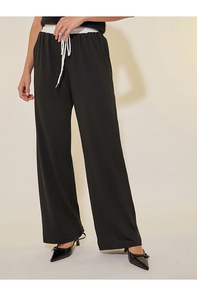 Styli Solid Loose Fit Lace Detail Pants with Drawstring