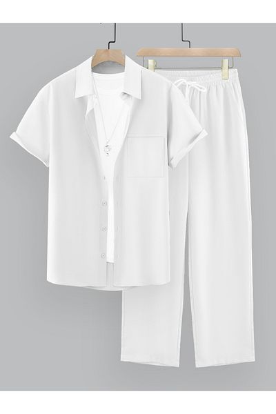 Take Two By Styli Solid Spread Collar Short Sleeve Shirt and Trousers Co-Ords