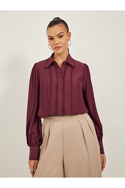 Styli قميص سادة بأكمام طويلة وياقة وتفاصيل دانتيل