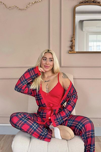Pijamaevi Red Tartan Exclusive Women's Pajama Set with Knitted Dressing Gown