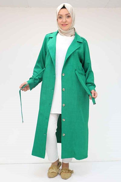 Eslina 53004 Large Size Self-Belted Melange Trench Coat - Beneton