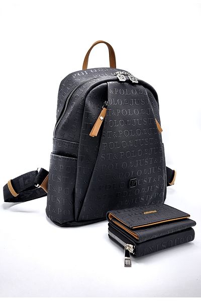 Miami Polo Club Rucsac de damă Just polo, negru, cu 9 compartimente, imprimat în relief
