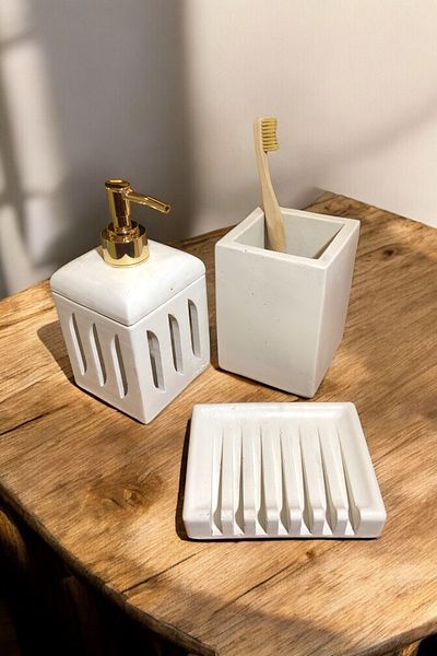 RocArt Home Σετ μπάνιου Beton Wavy (Δοχείο υγρού σαπουνιού, θήκη οδοντόβουρτσας, θήκη στερεού σαπουνιού)