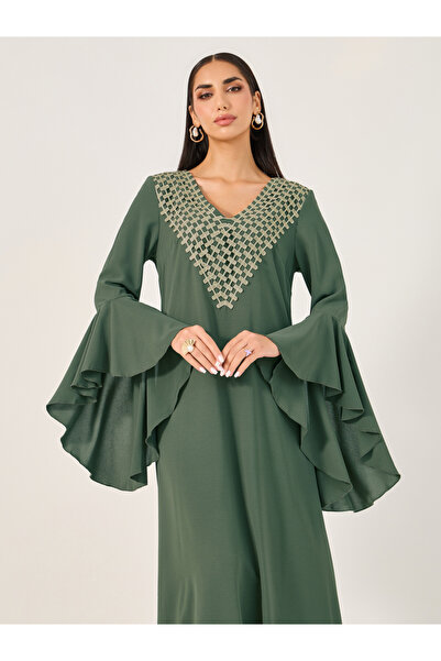 Take Two By Styli Embroidered Flare Sleeve Jalabiya Dress