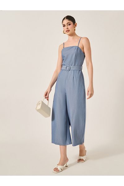 Styli Smocked Back Belted Strappy Wide Leg Jumpsuit