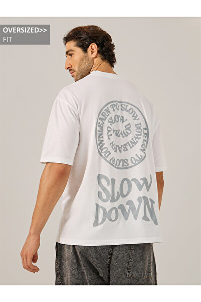 Styli Printed Oversized Cotton Rich T-Shirt with Mock Neck Detail