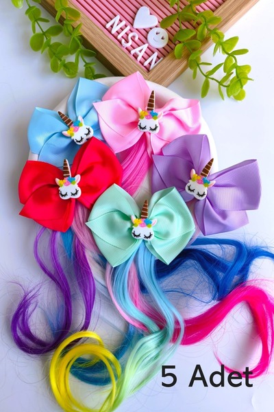 Nisankids Υφασμάτινο Φιόγκο για Κορίτσια Μονόκερος Τεχνητό Μαλλιά 5 Τεμάχια