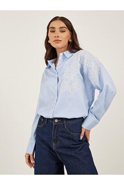 Styli قميص مخطط بأكمام طويلة ومقاس كبير مع تفاصيل من الدانتيل