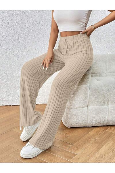 bemmoda Pantaloni Palozzo tricotați pentru damă, cu talie înaltă, cu talie elastică