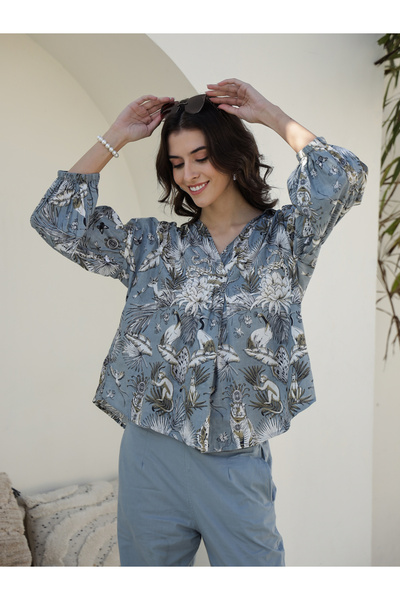 Sanskrutihomes By Styli Printed V-Neck Cotton Shirt with Trousers Co-Ords