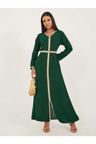 Styli Embroidered Lace Trim V Neck Kaftan