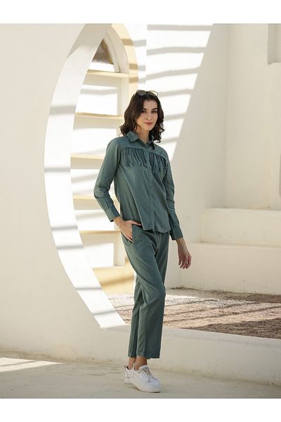Sanskrutihomes By Styli Solid Spread Collar Fringed Shirt and Trousers Co-Ords