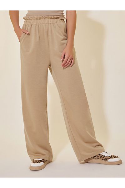 Styli Solid Elasticated Waistband Ruffled Trim Pants