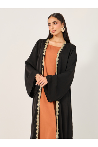 Take Two By Styli Solid Lace Detail Abaya with Round Neck Sleeveless Inner Dress Set