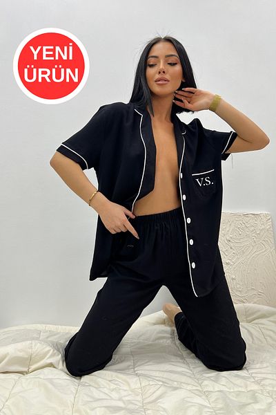 FENZO Costum de pijama cu mânecă scurtă alb-negru pentru femei, cu buzunar cu nasturi din bumbac, cu detaliu de design