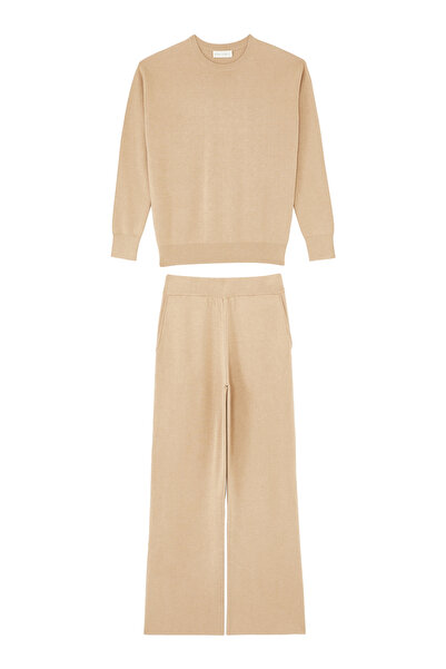 Olivia von Halle طقم صالة أنيق مزدوج من الحرير والكشمير - بيج